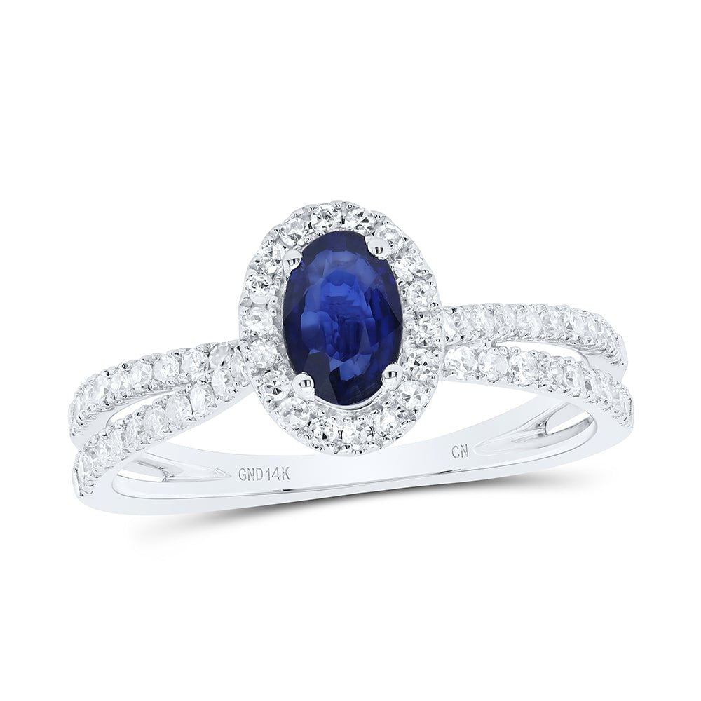 14K White Gold Diamond Oval Blue Sapphire Gemstone Ring 3/8 Cttw - Splendid Jewellery