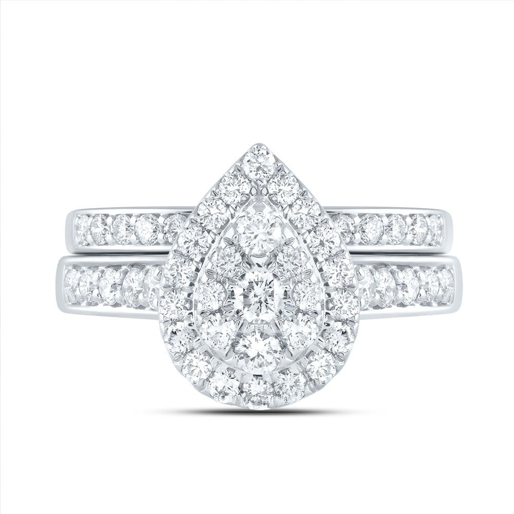 14K White Gold Diamond Pear Double Halo Fashion Bridal Set 1 Cttw - Splendid Jewellery