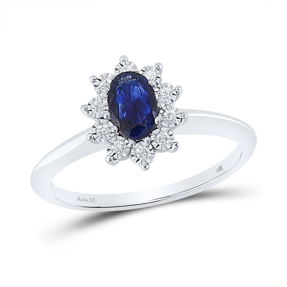 14K White Gold Natural Blue Sapphire Oval Fashion Halo Ring 1/10 Cttw - Splendid Jewellery