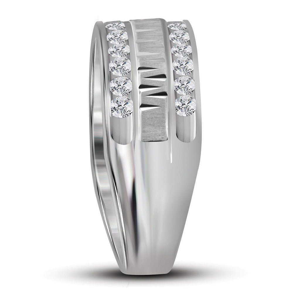 14K White Gold Round Diamond Men's Channel Set Grecco Textured Double Row Wedding Band Ring 1 Cttw - Splendid Jewellery