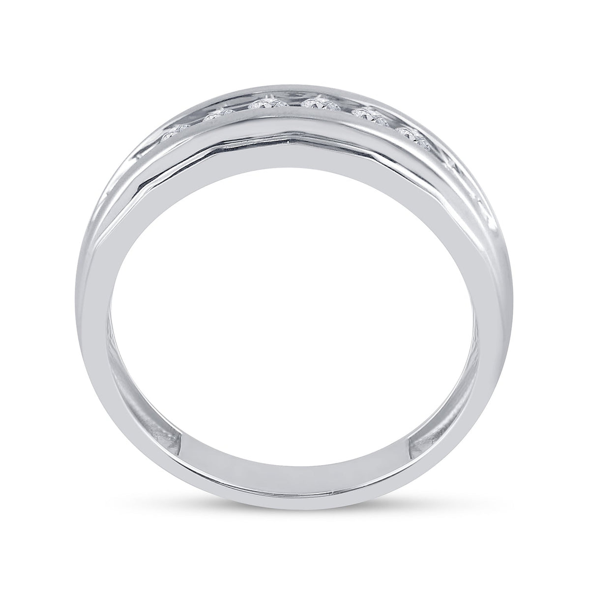 14K White Gold Round Diamond Men's Single Row Grooved Wedding Band Ring 1/4 Cttw - Splendid Jewellery