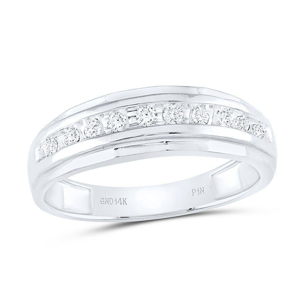 14K White Gold Round Diamond Men's Single Row Grooved Wedding Band Ring 1/4 Cttw - Splendid Jewellery