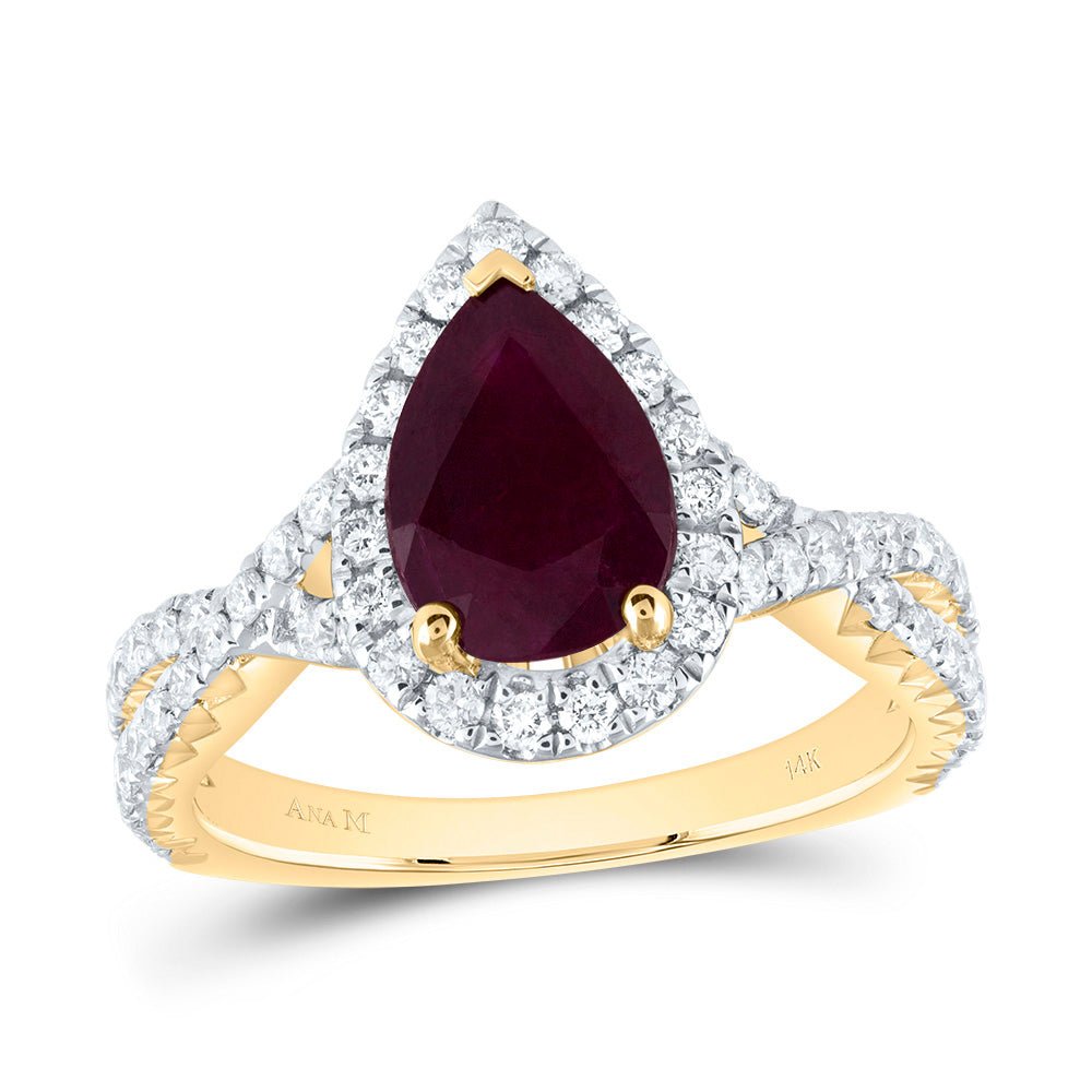 14K Yellow Gold Diamond 10x6. Ruby Gemstone Single Halo Engagement Ring 3/4 Cttw - Splendid Jewellery