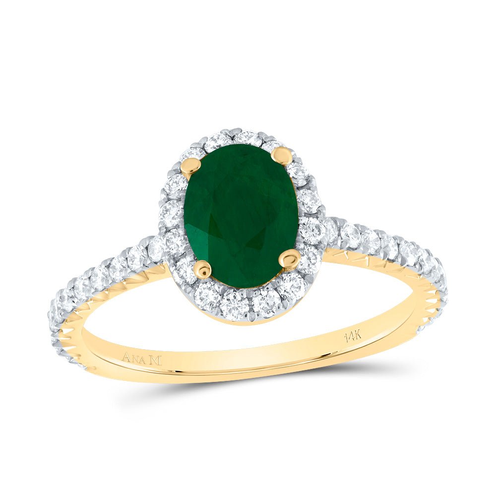 14K Yellow Gold Diamond 7.5x5. Oval Emerald Gemstone Single Halo Engagement Ring 1/2 Cttw - Splendid Jewellery
