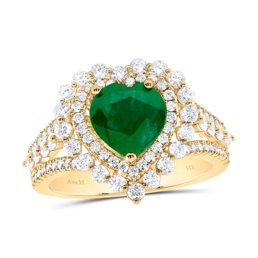 14K Yellow Gold Diamond 8.0 X Emerald Heart Gemstone Ring 1 Cttw - Splendid Jewellery