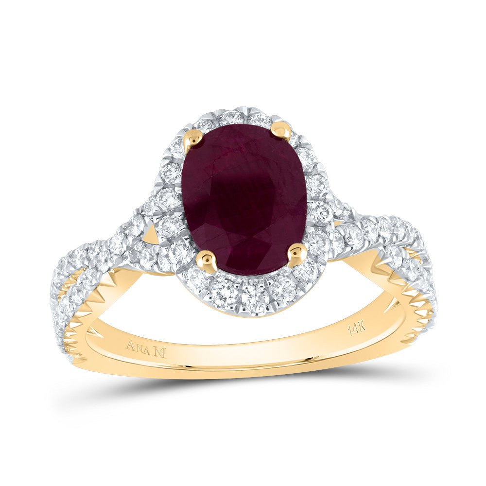 14K Yellow Gold Diamond 9x6. Oval Ruby Gemstone Single Halo Engagement Ring 3/4 Cttw - Splendid Jewellery