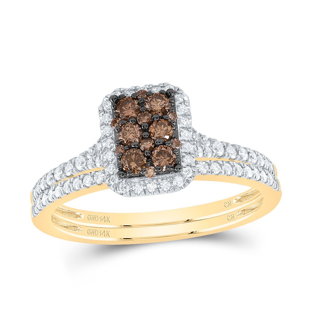 14K Yellow Gold Diamond Cognac Octagon Bridal Set 1/2 Cttw - Splendid Jewellery