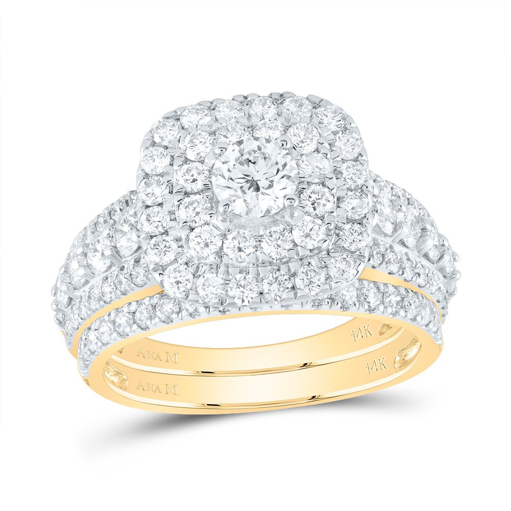 14K Yellow Gold Diamond Cushion Double Halo Bridal Set 2 Cttw - Splendid Jewellery