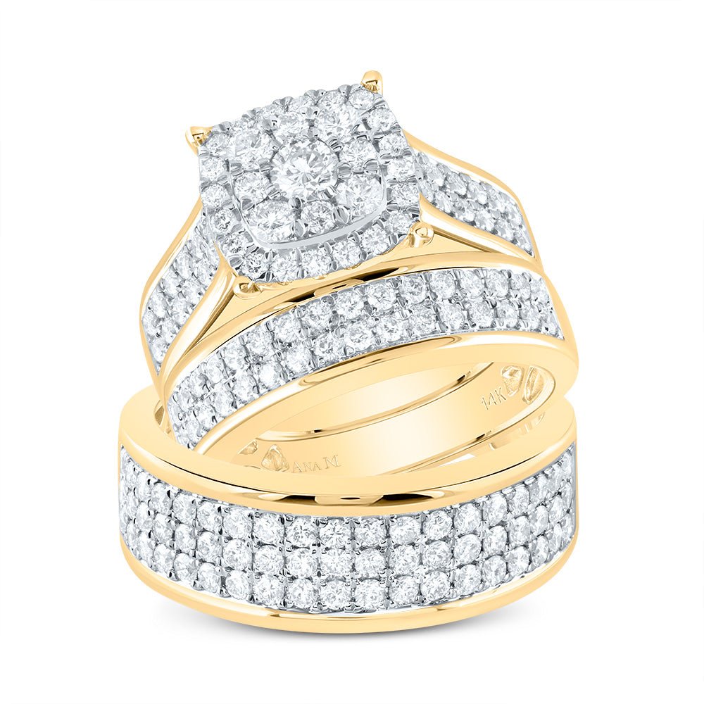 14K Yellow Gold Diamond Cushion Trio Ring Set 2 3/8 Cttw - Splendid Jewellery