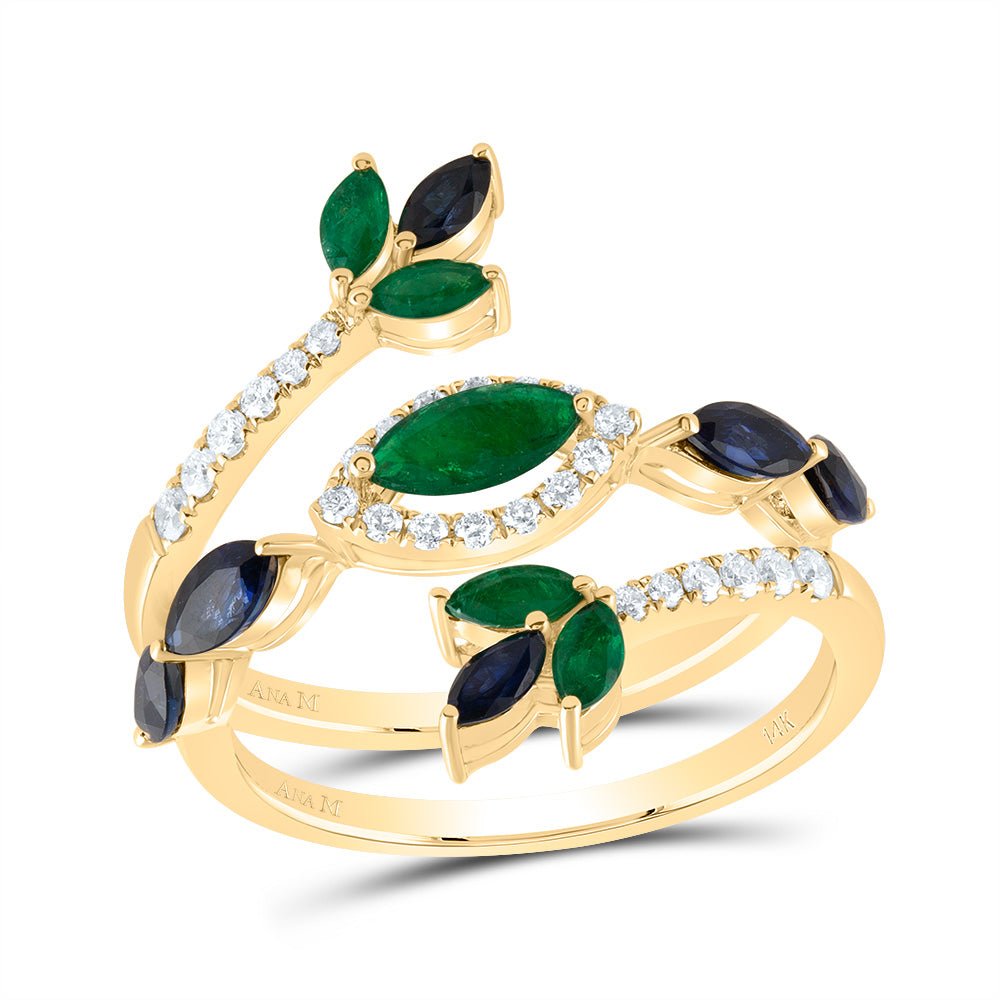 14K Yellow Gold Diamond Emerald and Blue Sapphire Gemstone Ring 1/4 Cttw - Splendid Jewellery