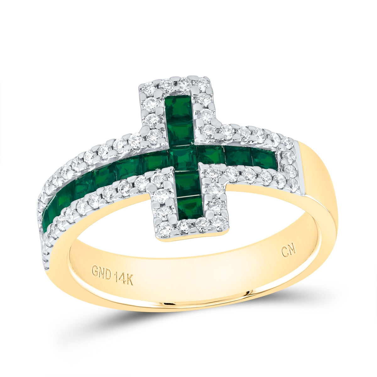 14K Yellow Gold Diamond Emerald Gemstone Cross Ring 1/3 Cttw - Splendid Jewellery