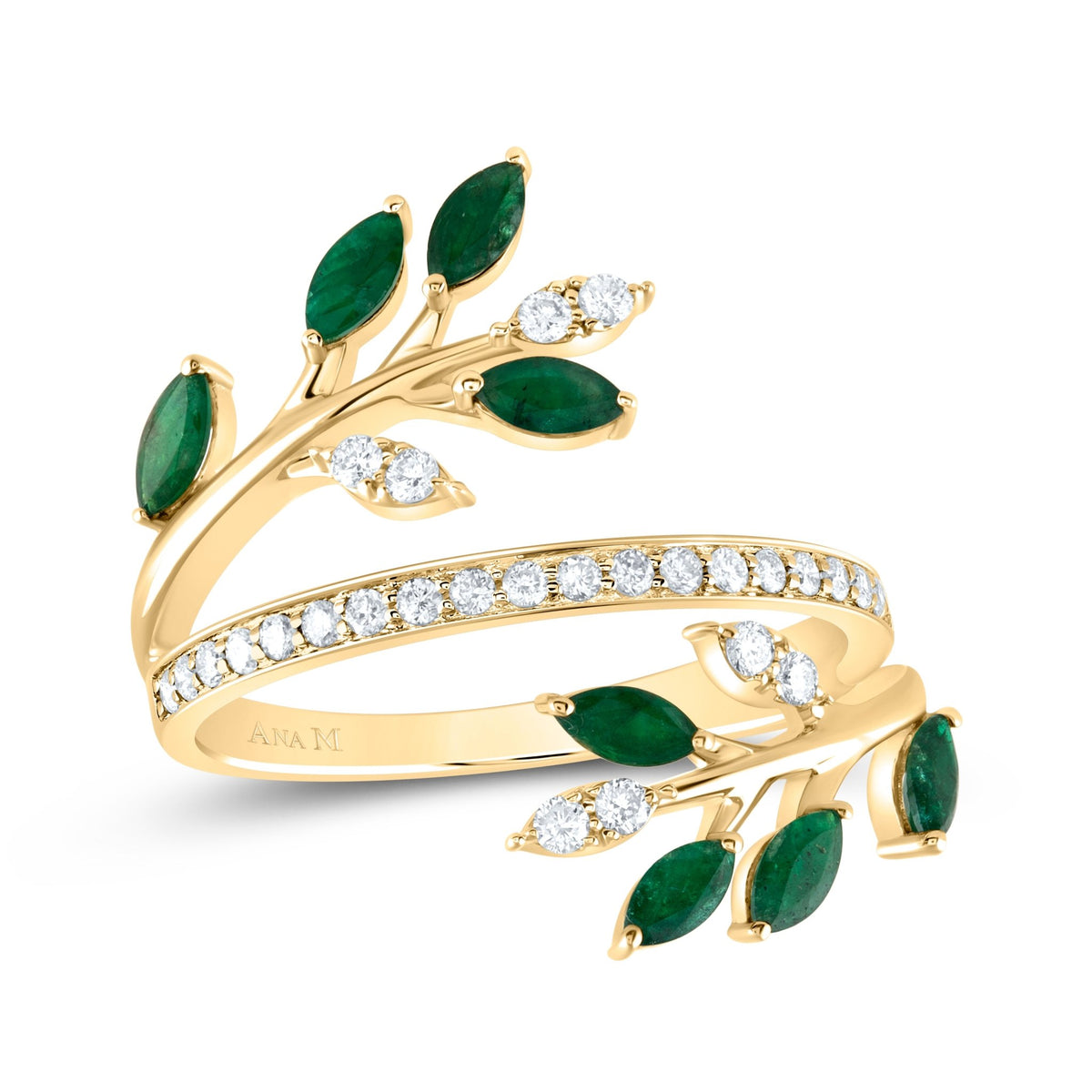14K Yellow Gold Diamond Emerald Gemstone Designer Ring 1/4 Cttw - Splendid Jewellery