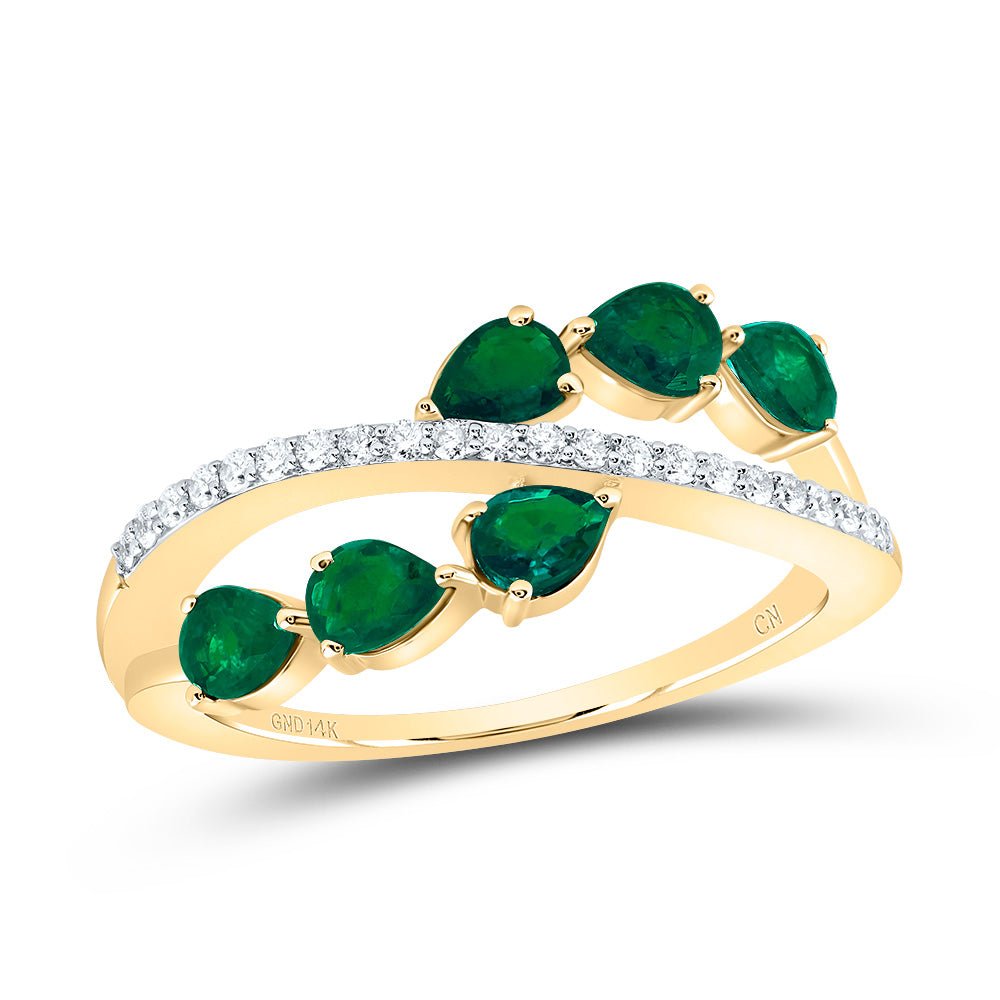 14K Yellow Gold Diamond Emerald Gemstone Designer Ring 1/8 Cttw - Splendid Jewellery