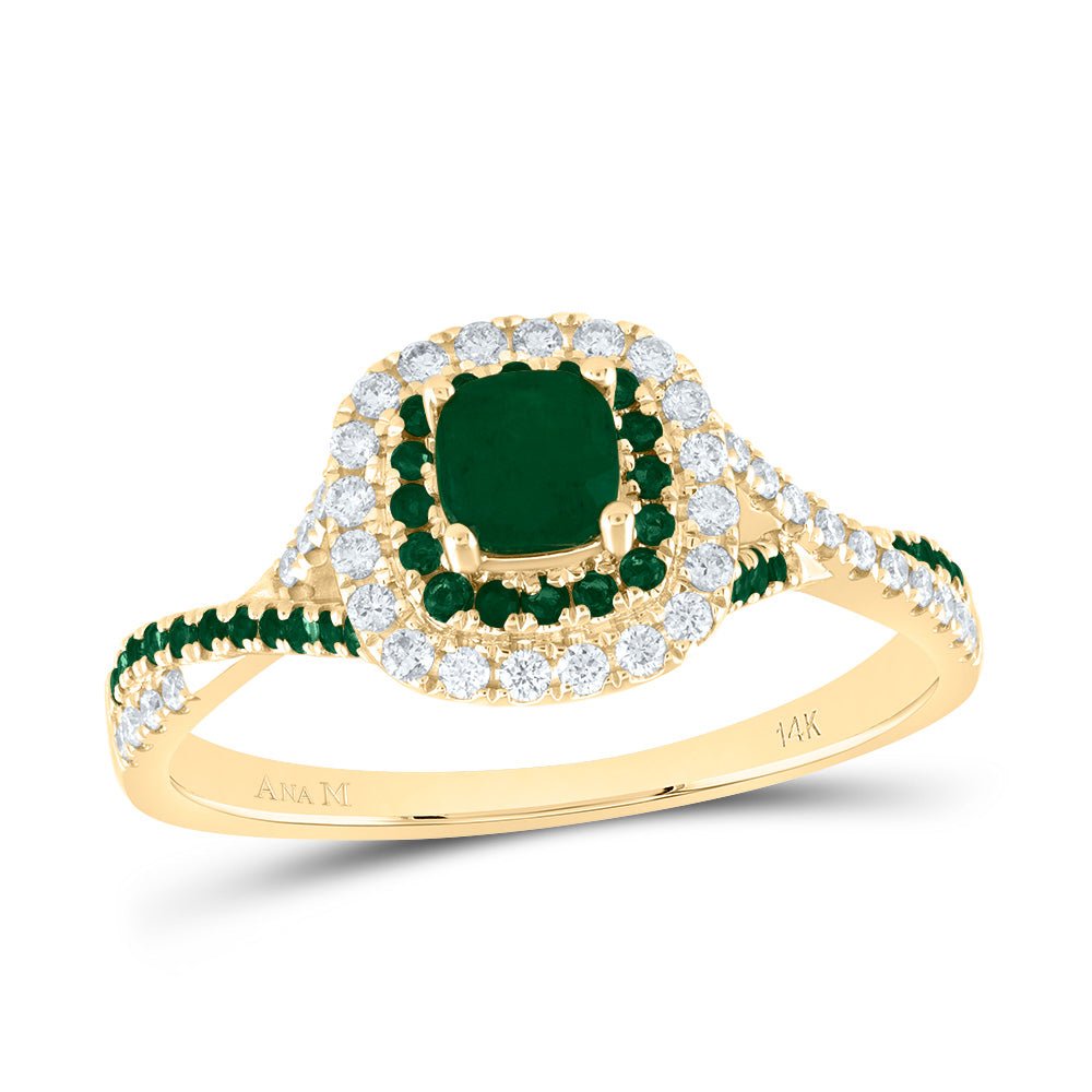 14K Yellow Gold Diamond Emerald Gemstone Double Halo Bridal Ring 1/5 Cttw - Splendid Jewellery