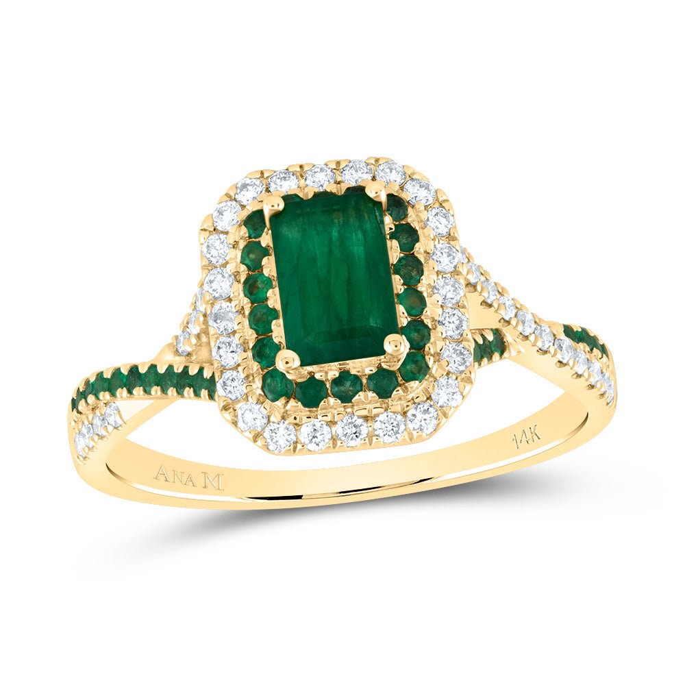 14K Yellow Gold Diamond Emerald Gemstone Double Halo Bridal Ring 1/5 Cttw - Splendid Jewellery