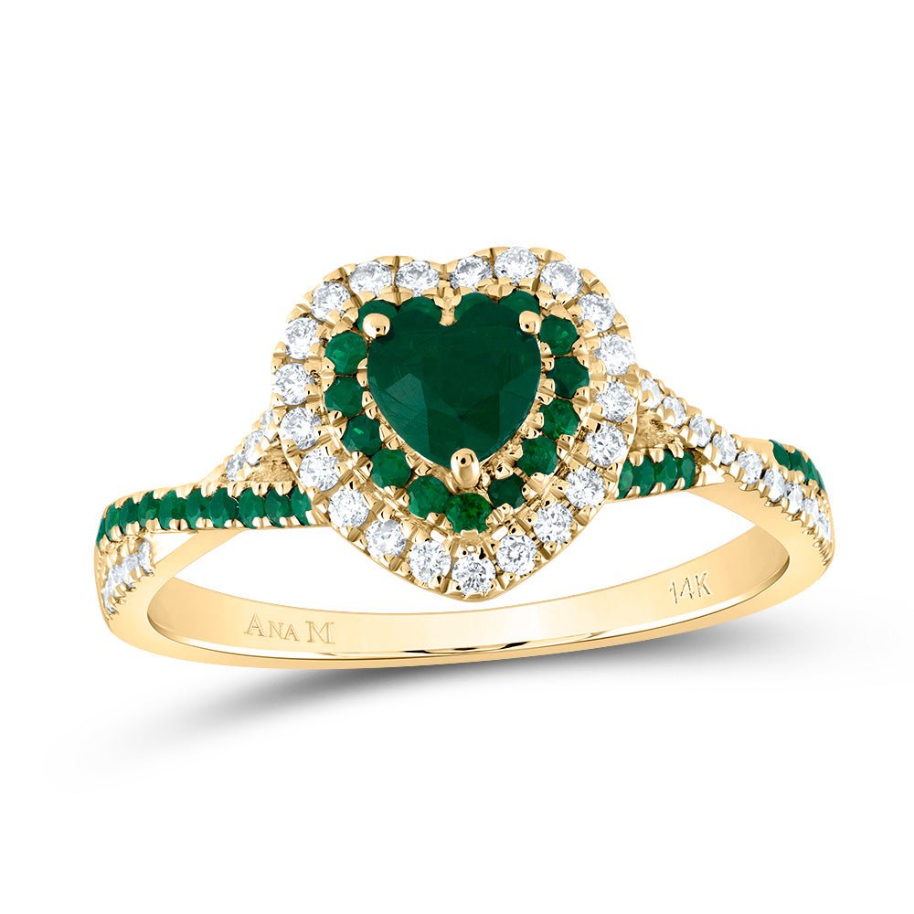 14K Yellow Gold Diamond Emerald Gemstone Double Halo Bridal Ring 1/5 Cttw - Splendid Jewellery
