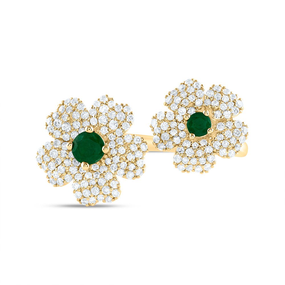 14K Yellow Gold Diamond Emerald Gemstone Flower Ring 1/2 Cttw - Splendid Jewellery