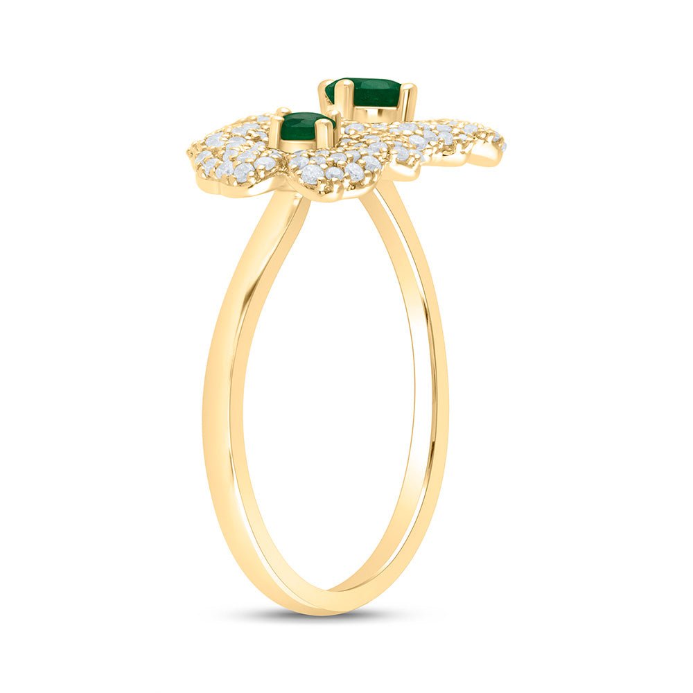 14K Yellow Gold Diamond Emerald Gemstone Flower Ring 1/2 Cttw - Splendid Jewellery
