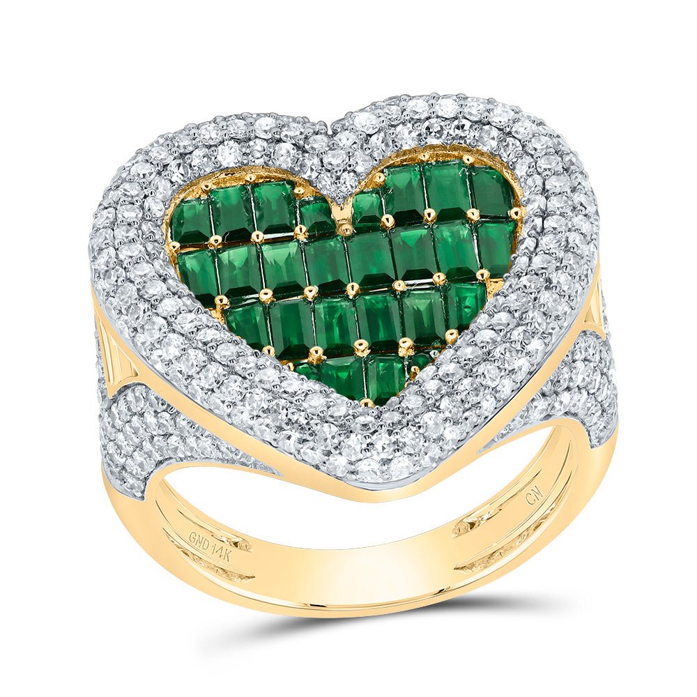 14K Yellow Gold Diamond Emerald Gemstone Heart Ring 1 5/8 Cttw - Splendid Jewellery