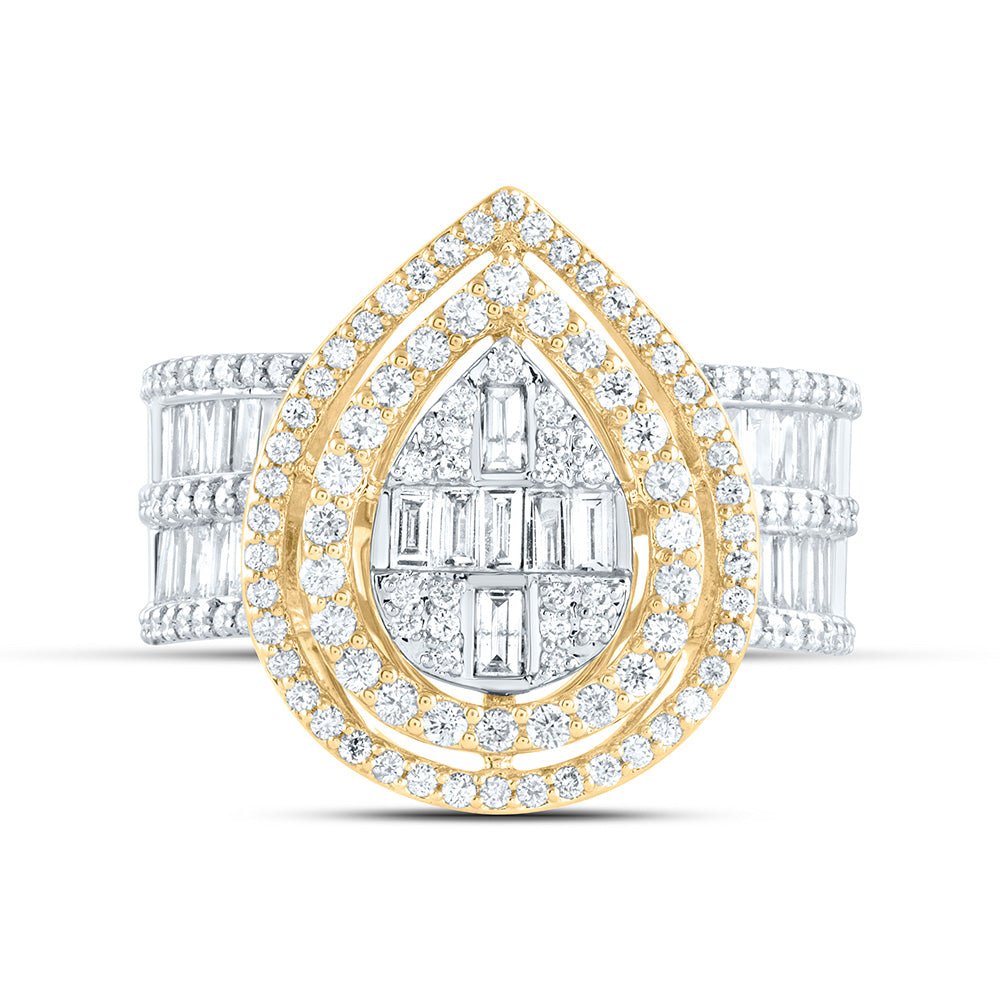 14K Yellow Gold Diamond Fashion Pear Baguette Bridal Ring 1 3/8 Cttw - Splendid Jewellery