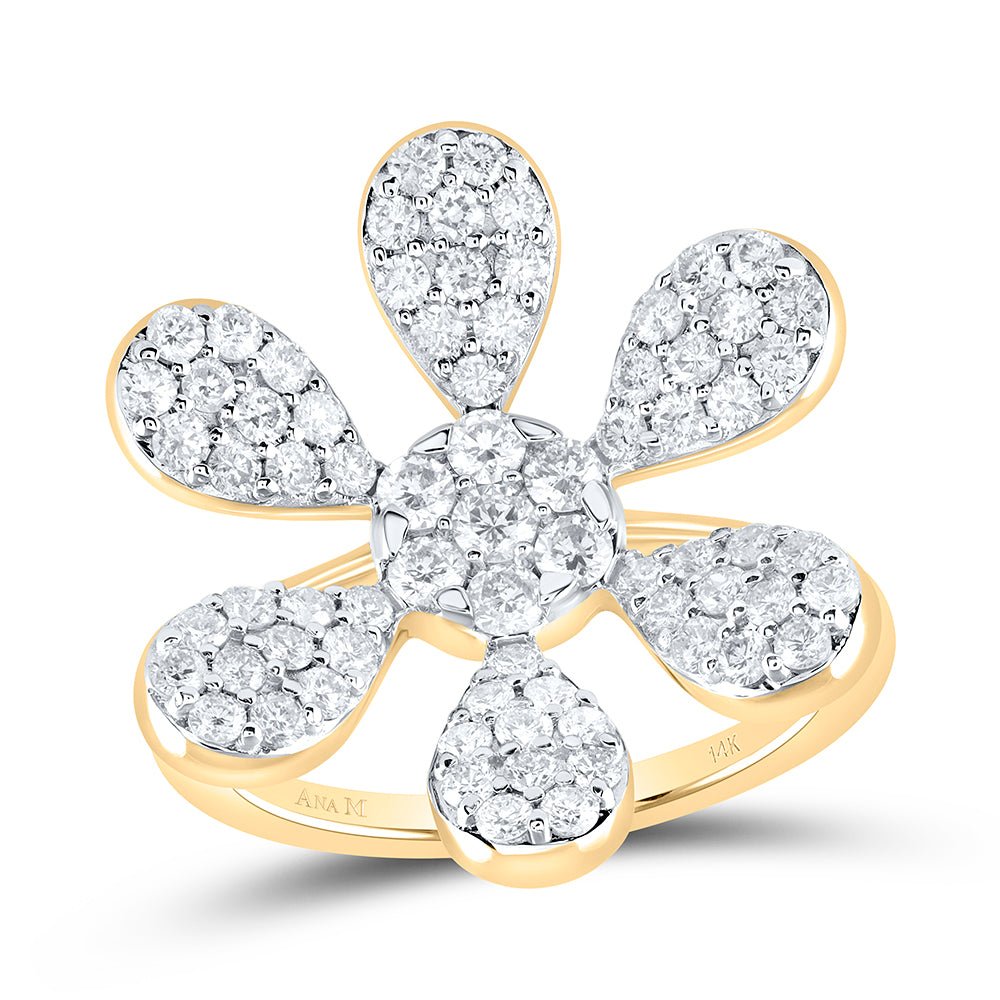 14K Yellow Gold Diamond Flower Designer Ring 1 1/4 Cttw - Splendid Jewellery