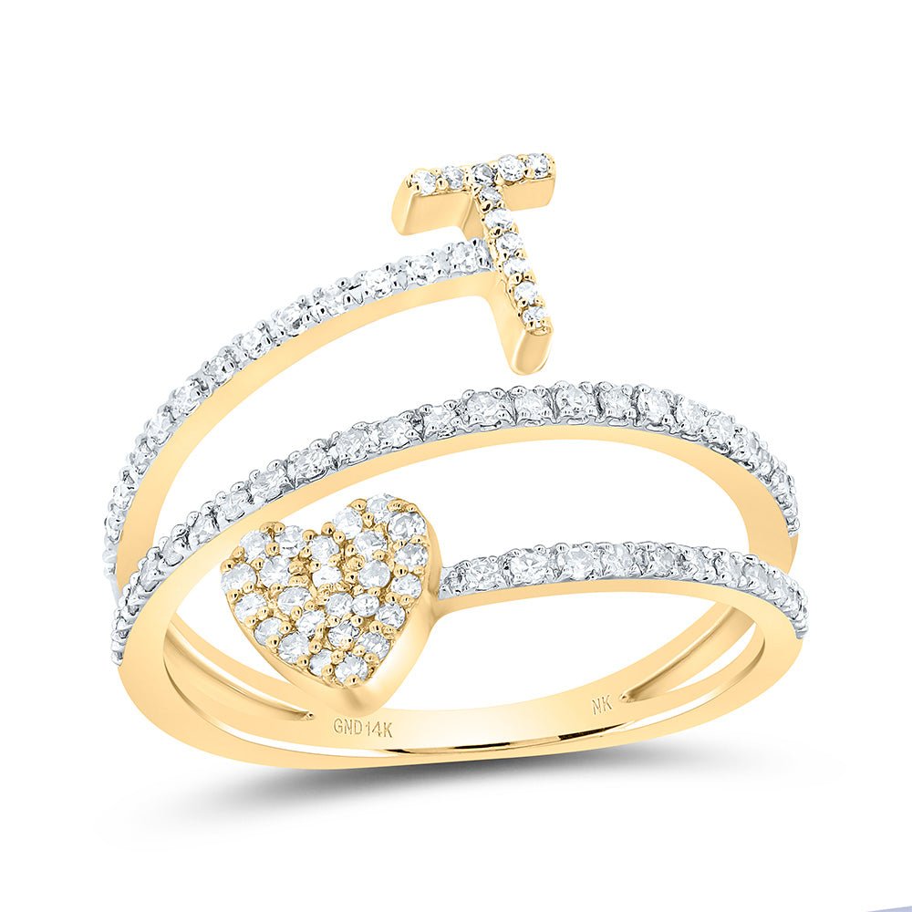 14K Yellow Gold Diamond Gift Initial "T" Heart Women's Ring 3/8 Cttw - Splendid Jewellery