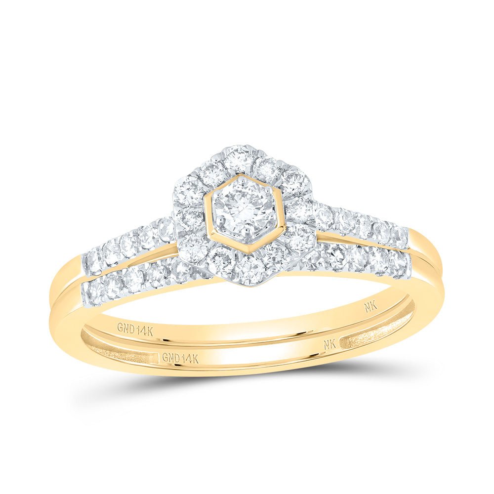 14K Yellow Gold Diamond Hexagon Single Halo Bridal Set 1/2 Cttw - Splendid Jewellery