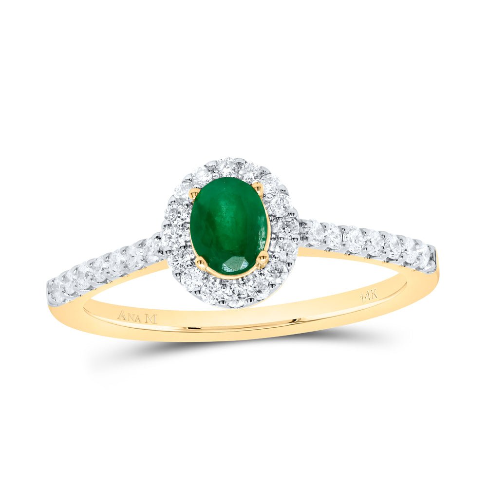 14K Yellow Gold Diamond Oval Emerald Gemstone Oval Ring 1/3 Cttw - Splendid Jewellery