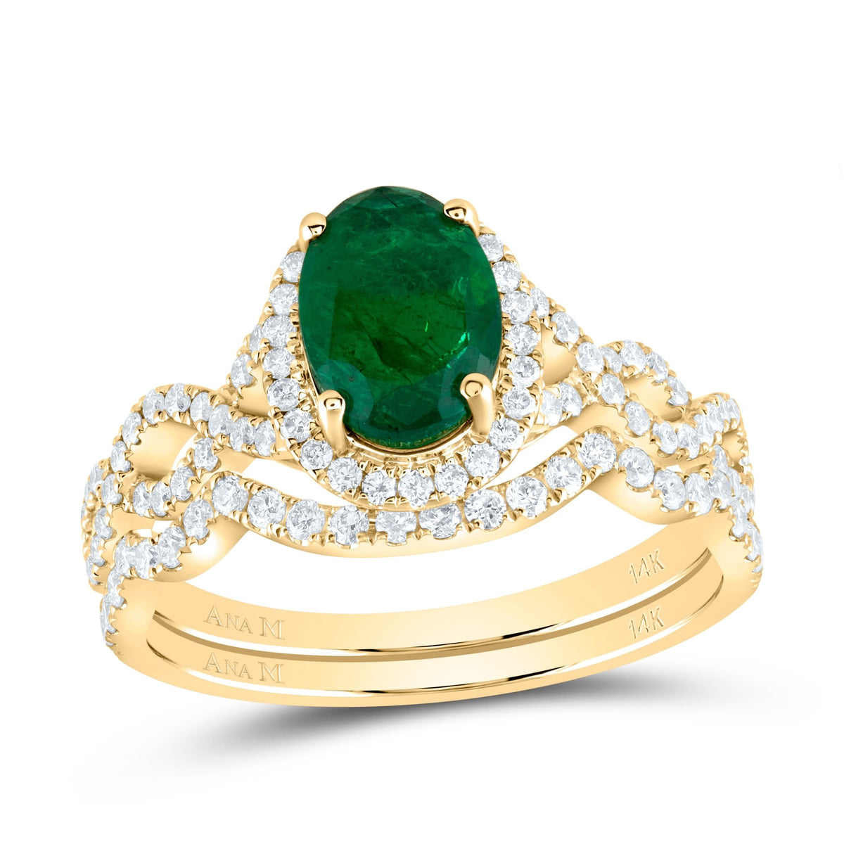 14K Yellow Gold Diamond Oval Emerald Gemstone Single Halo Bridal Set 5/8 Cttw - Splendid Jewellery