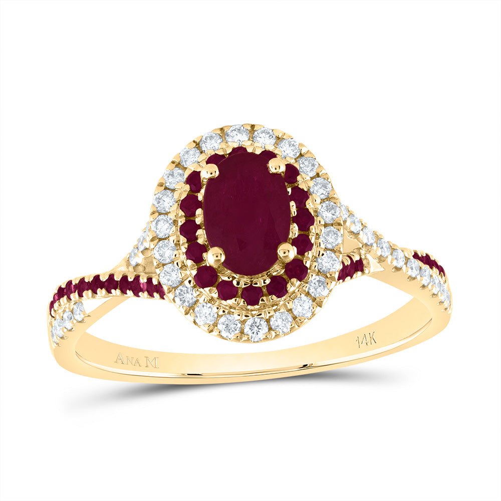 14K Yellow Gold Diamond Oval Ruby Gemstone Double Halo Bridal Ring 1/5 Cttw - Splendid Jewellery