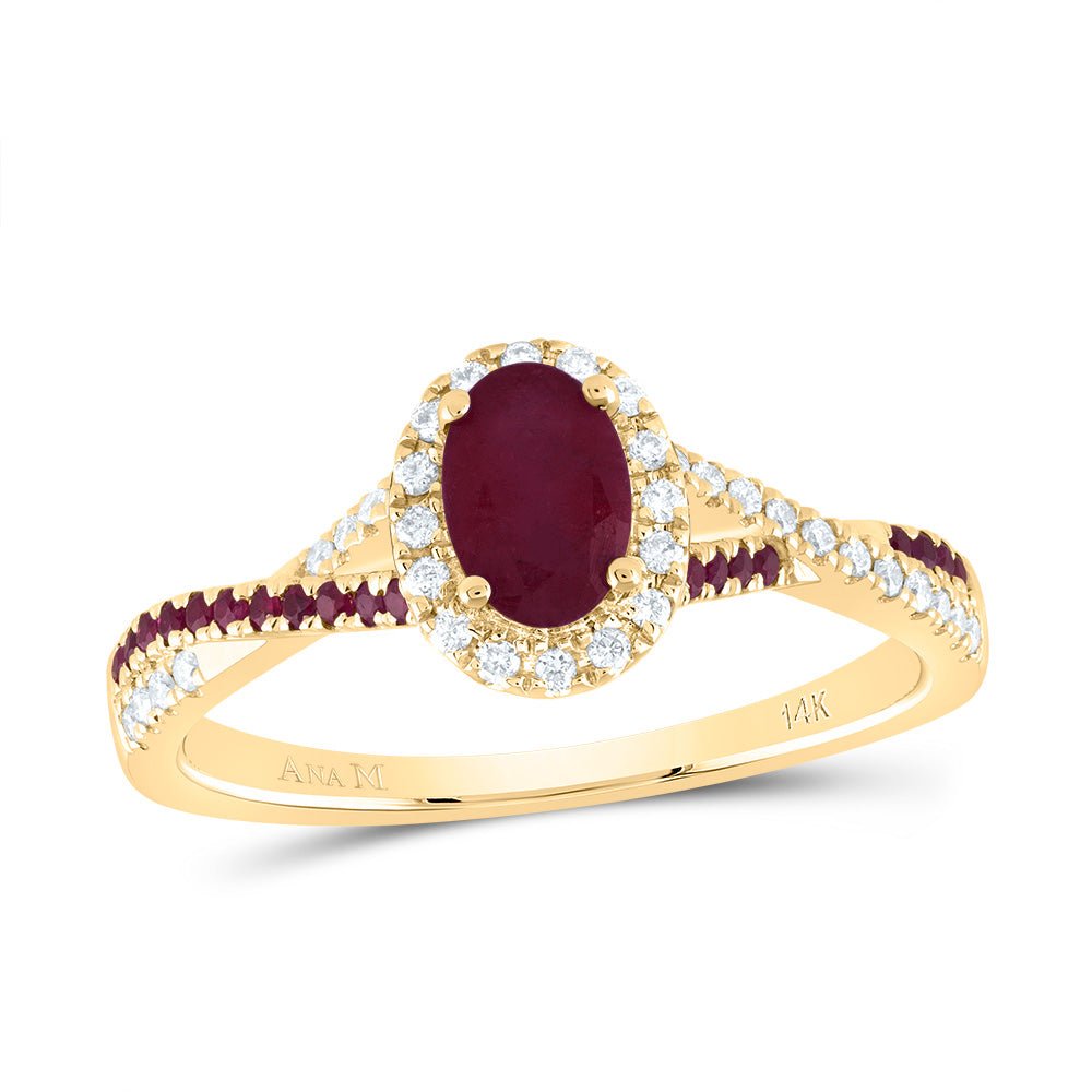 14K Yellow Gold Diamond Oval Ruby Gemstone Single Halo Bridal Ring 1/8 Cttw - Splendid Jewellery