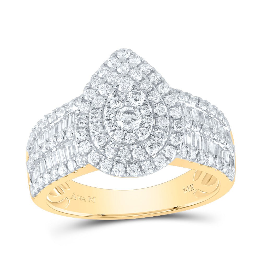 14K Yellow Gold Diamond Pear Double Halo Bridal Ring 1 3/8 Cttw - Splendid Jewellery