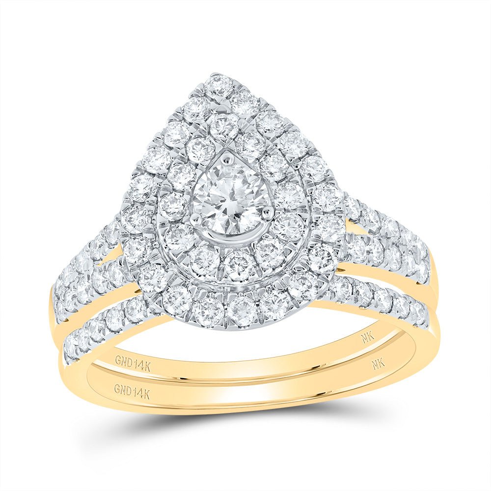 14K Yellow Gold Diamond Pear Double Halo Bridal Set 1 Cttw - Splendid Jewellery