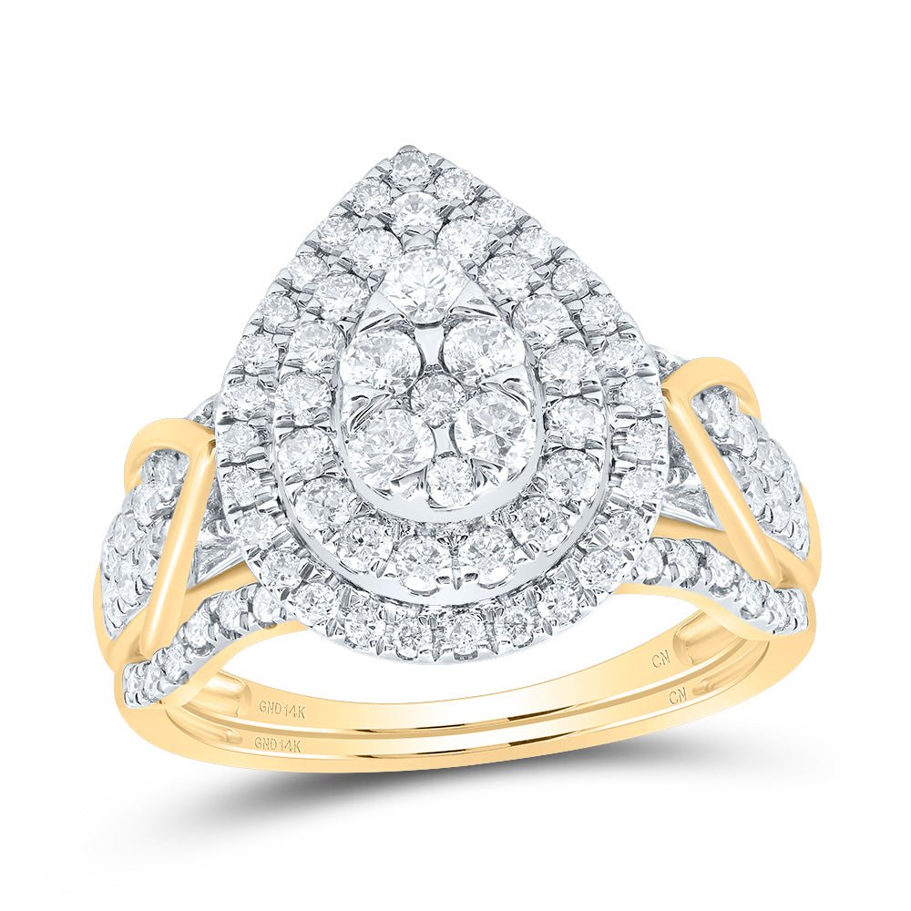 14K Yellow Gold Diamond Pear Double Halo Bridal Set 1 Cttw - Splendid Jewellery