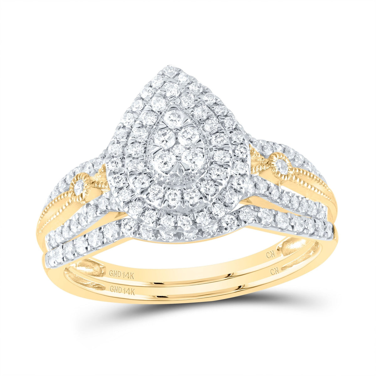 14K Yellow Gold Diamond Pear Double Halo Bridal Set 1/2 Cttw - Splendid Jewellery