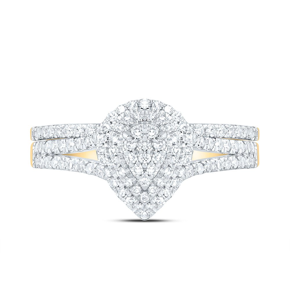 14K Yellow Gold Diamond Pear Double Halo Bridal Set 3/8 Cttw - Splendid Jewellery