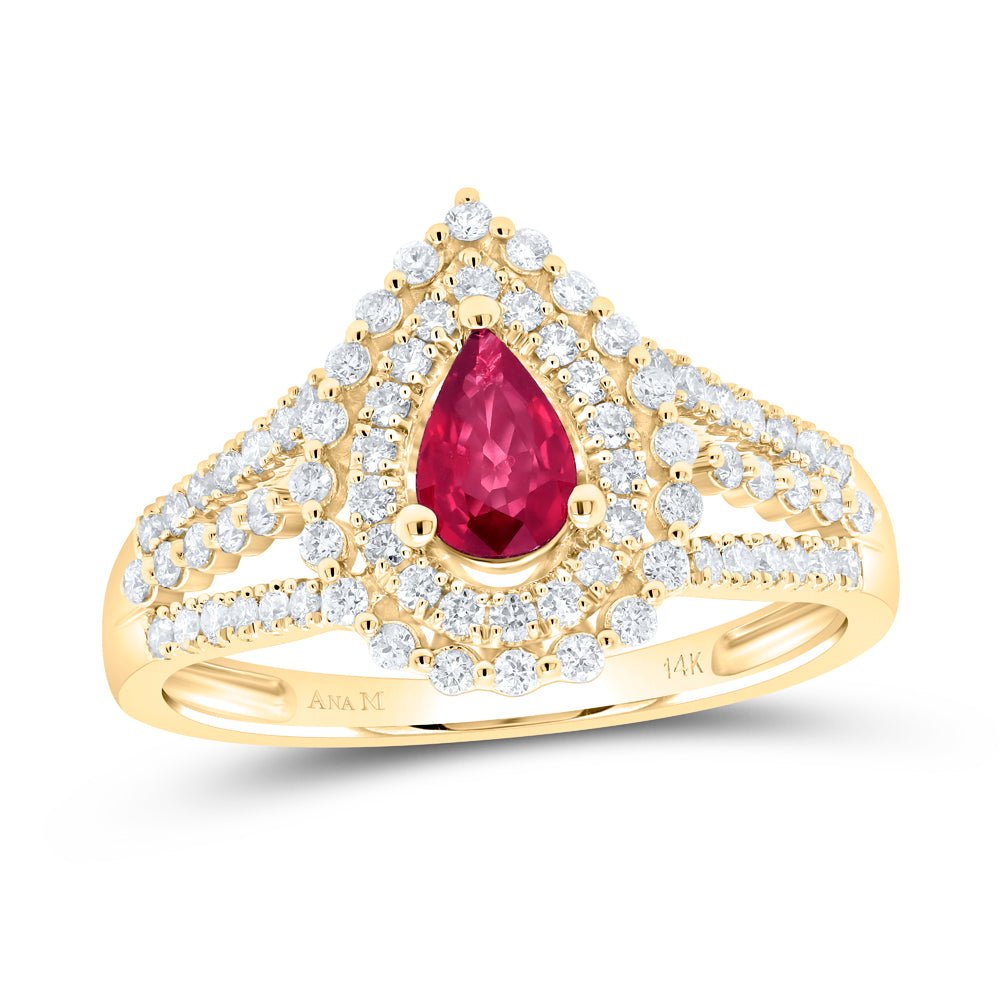 14K Yellow Gold Diamond Pear Ruby Gemstone Ring 1/2 Cttw - Splendid Jewellery