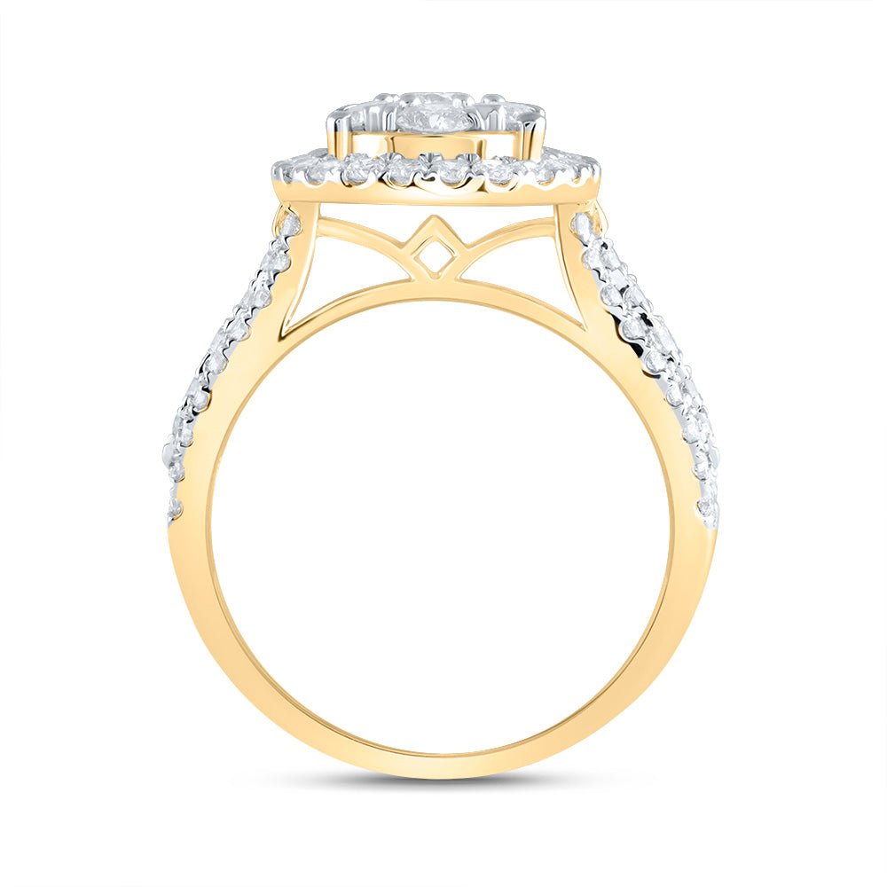 14K Yellow Gold Diamond Pear Single Halo Bridal Ring 1 1/2 Cttw - Splendid Jewellery