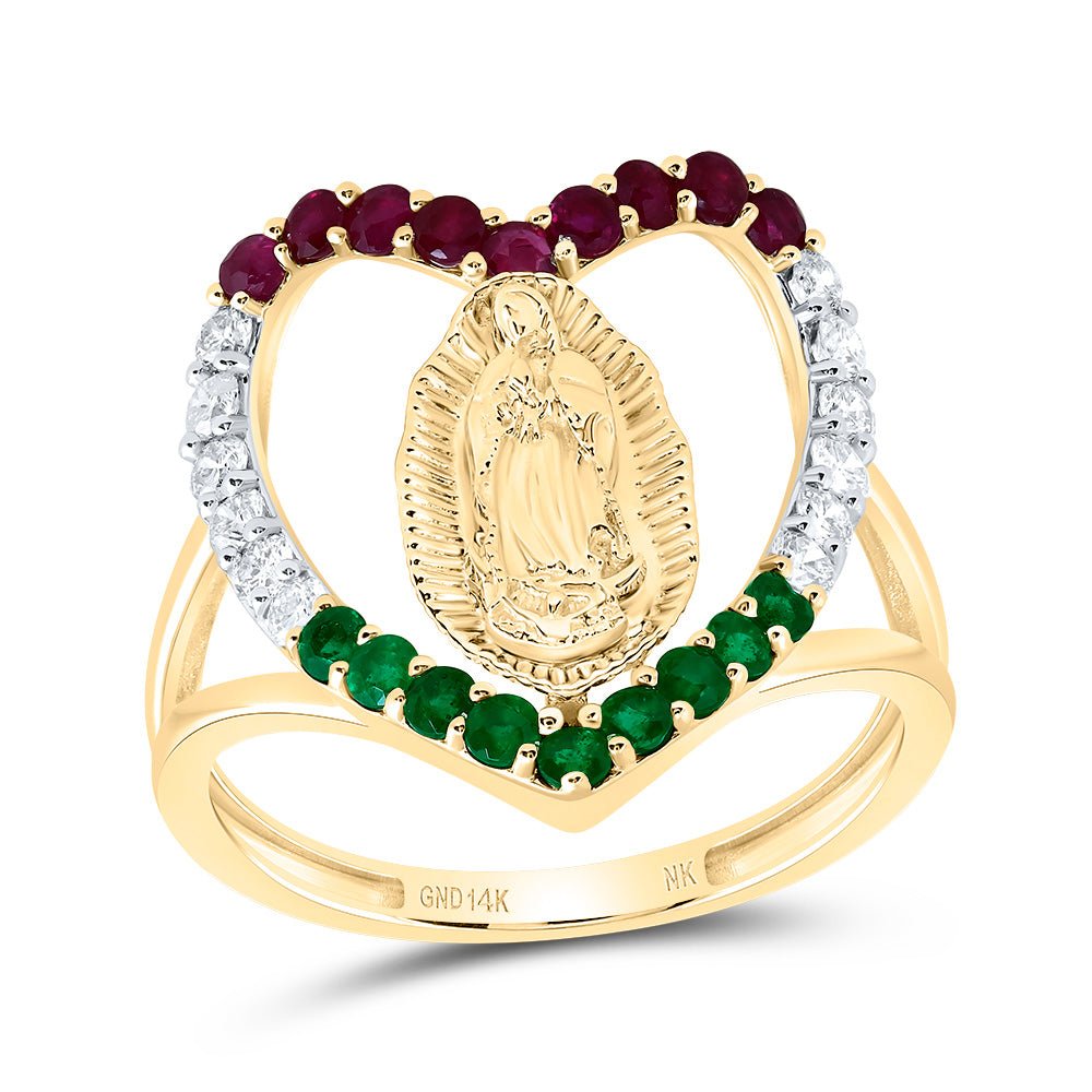14K Yellow Gold Diamond Ruby and Emerald Gemstone Virgin Mother Mary Heart Ring 1/3 Cttw - Splendid Jewellery