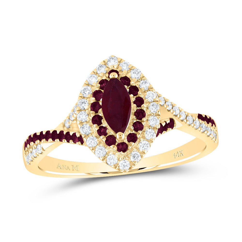 14K Yellow Gold Diamond Ruby Gemstone Double Halo Bridal Ring 1/5 Cttw - Splendid Jewellery