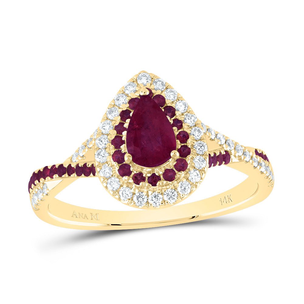 14K Yellow Gold Diamond Ruby Gemstone Double Halo Bridal Ring 1/5 Cttw - Splendid Jewellery