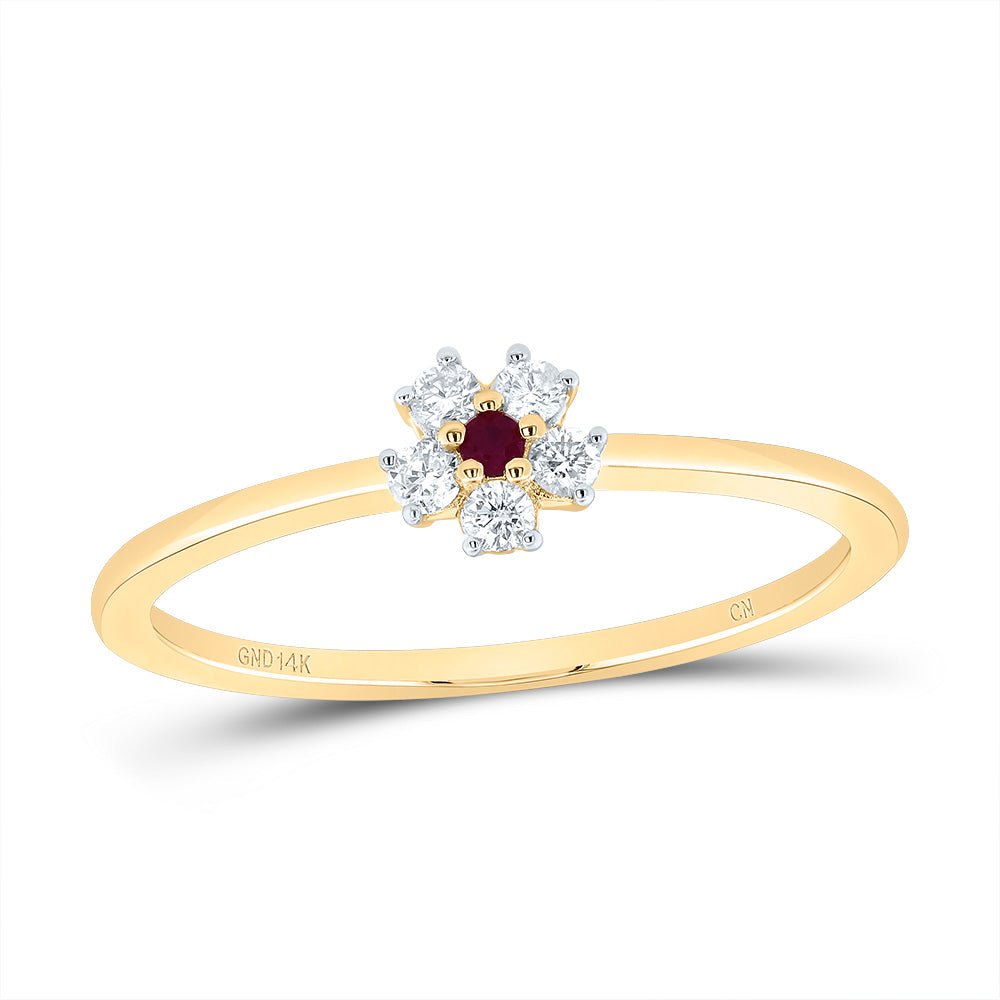14K Yellow Gold Diamond Ruby Gemstone Flower Women's Ring 1/10 Cttw - Splendid Jewellery