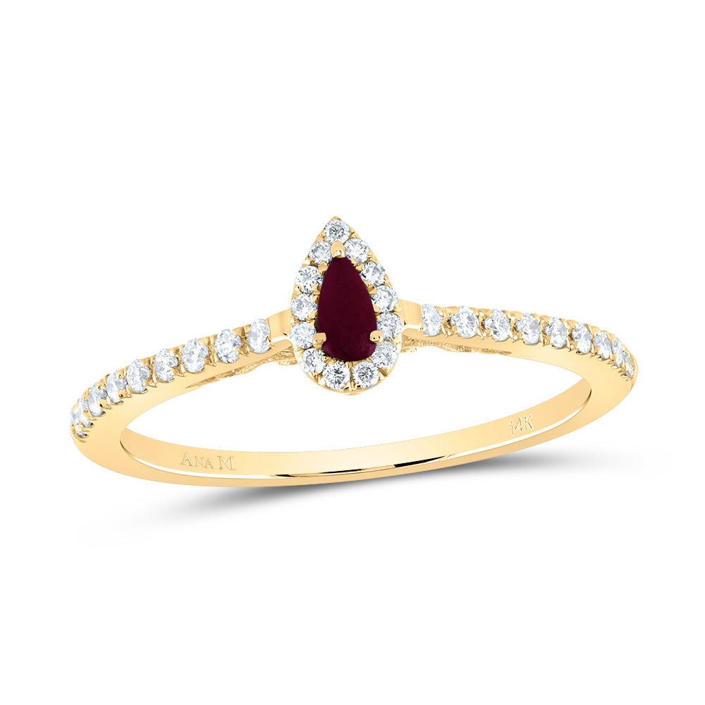 14K Yellow Gold Diamond Ruby Gemstone Pear Ring 1/6 Cttw - Splendid Jewellery