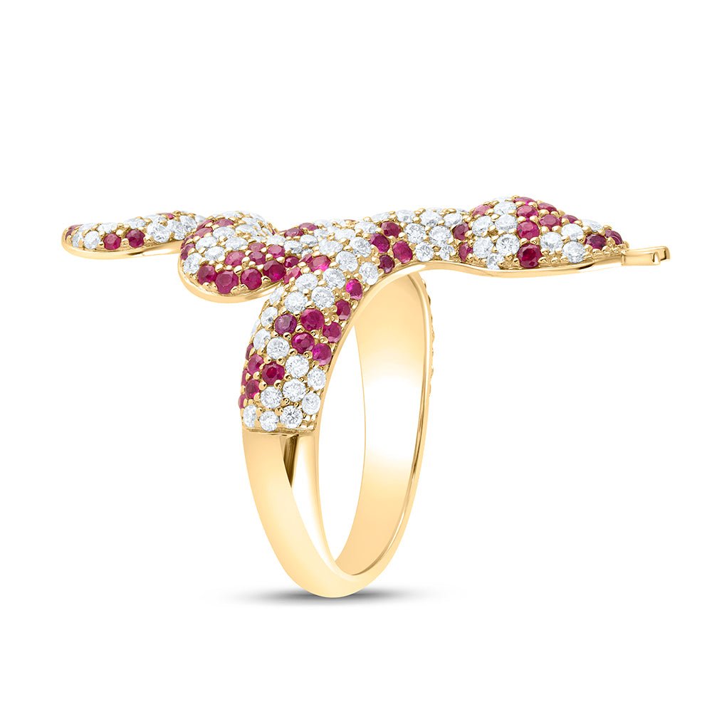 14K Yellow Gold Diamond Ruby Gemstone Snake Ring 1 1/3 Cttw - Splendid Jewellery