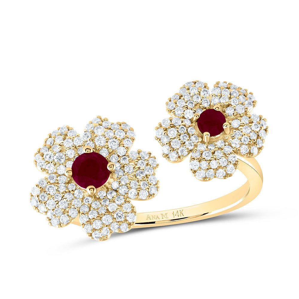 14K Yellow Gold Diamond Ruby, Ruby Gemstone Flower Ring 1/2 Cttw - Splendid Jewellery