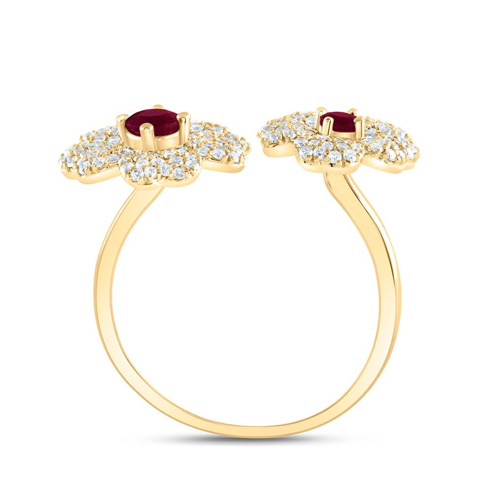 14K Yellow Gold Diamond Ruby, Ruby Gemstone Flower Ring 1/2 Cttw - Splendid Jewellery