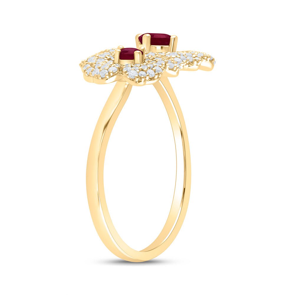 14K Yellow Gold Diamond Ruby, Ruby Gemstone Flower Ring 1/2 Cttw - Splendid Jewellery