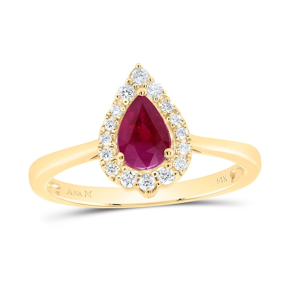14K Yellow Gold Pear Natural Ruby 6.5x4. Ruby Pear Gemstone Ring 1/8 Cttw - Splendid Jewellery