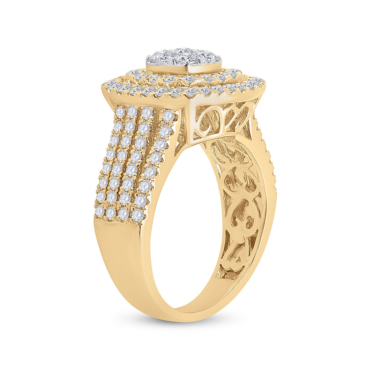 14K Yellow Gold Round Diamond Fashion Cushion Ring 1 1/2 Cttw - Splendid Jewellery