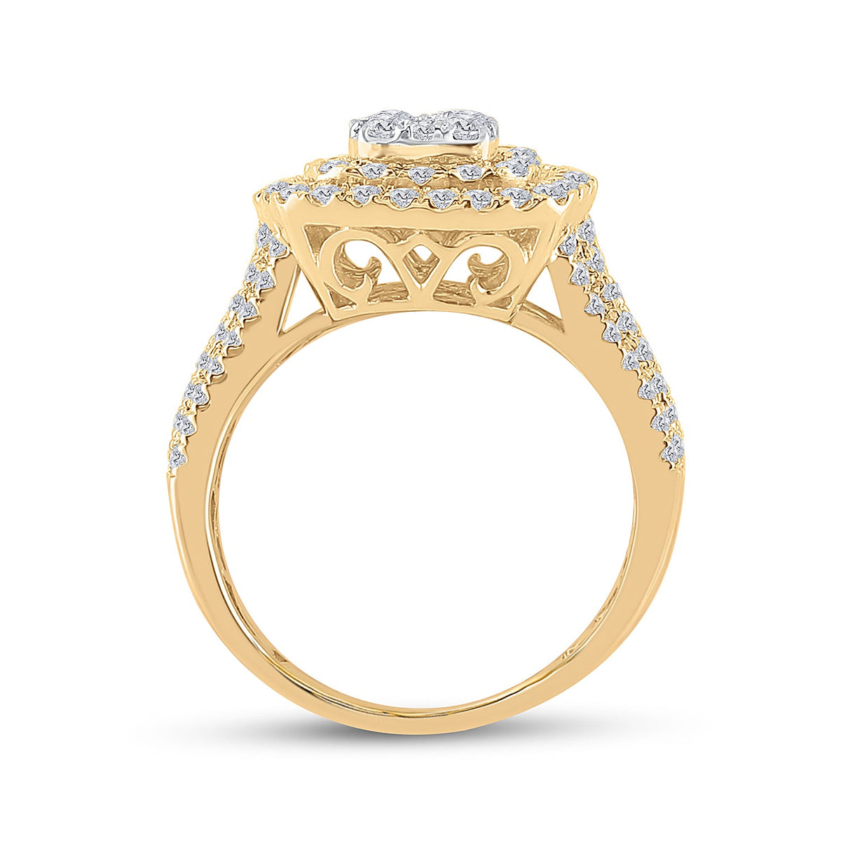 14K Yellow Gold Round Diamond Fashion Cushion Ring 1 1/2 Cttw - Splendid Jewellery